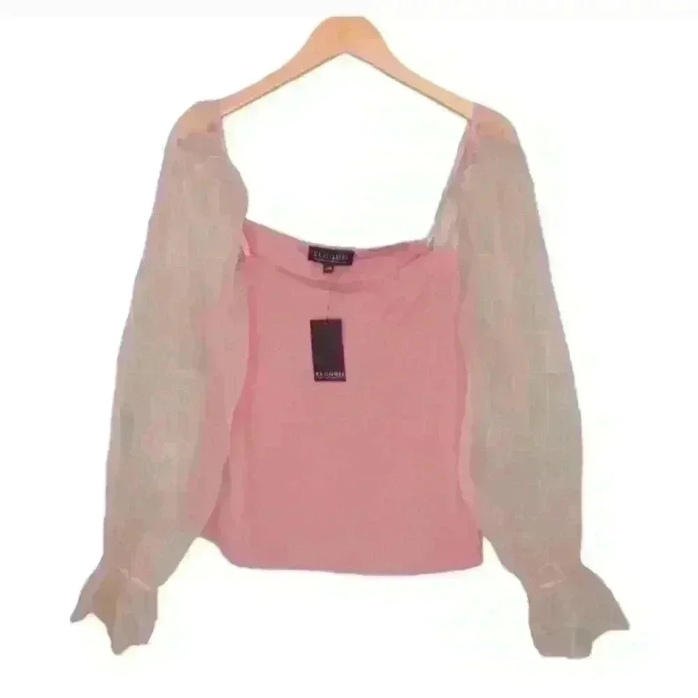 Eloquii Sheer Puffed Long Sleeve Top Blouse Pink